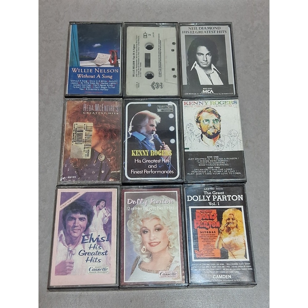Lot of 9 Vintage Country Cassettes Parton, Willie, Elvis, Roger's, Reba, Diamond